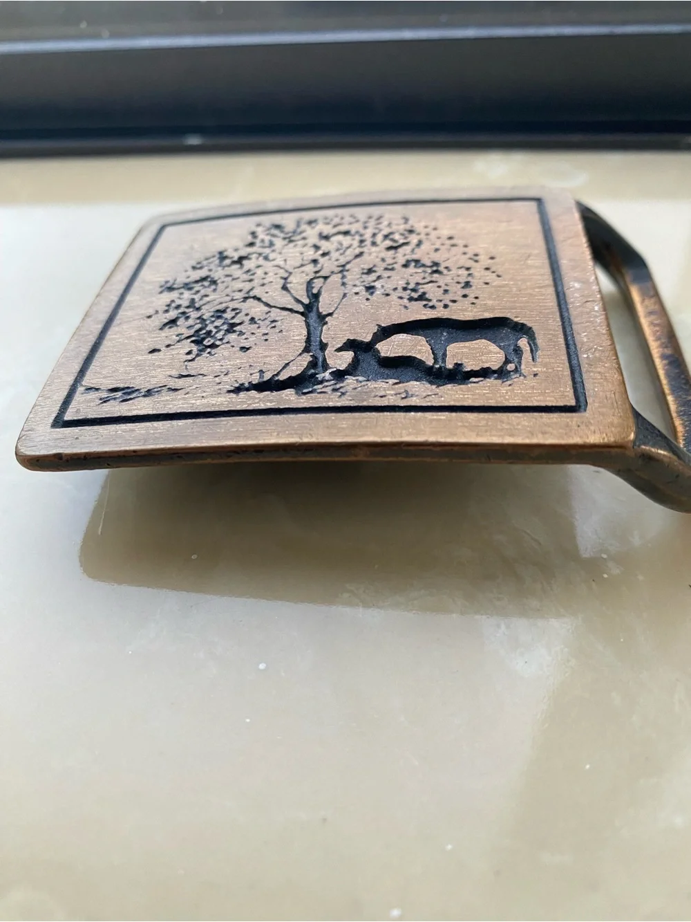 Vintage 1975 Tech Ether Guild Two Horses Brass Belt Buckle Western Hippie Tree